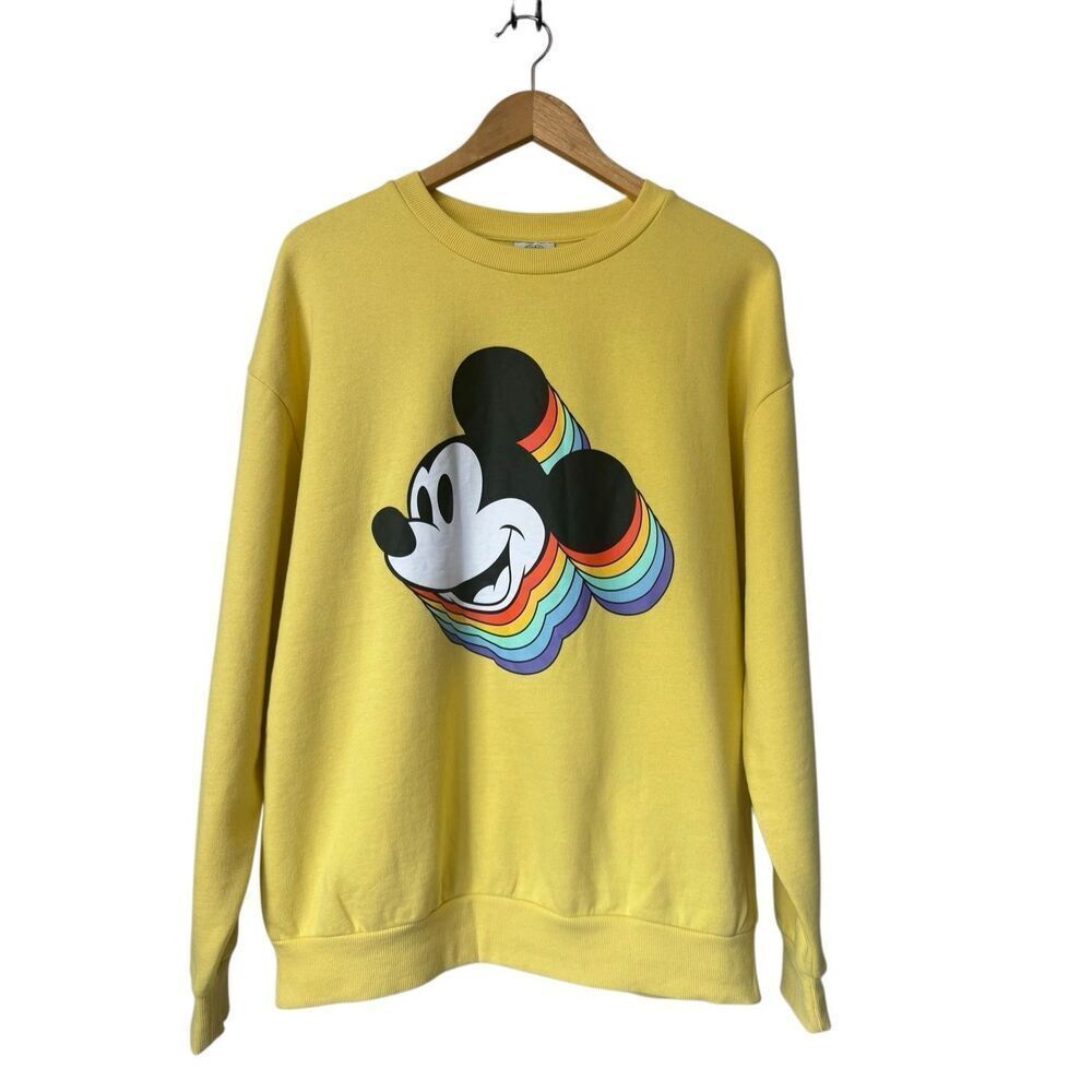 Disney Yellow Mickey Mouse Retro Rainbow Crewneck Sweatshirt Size L